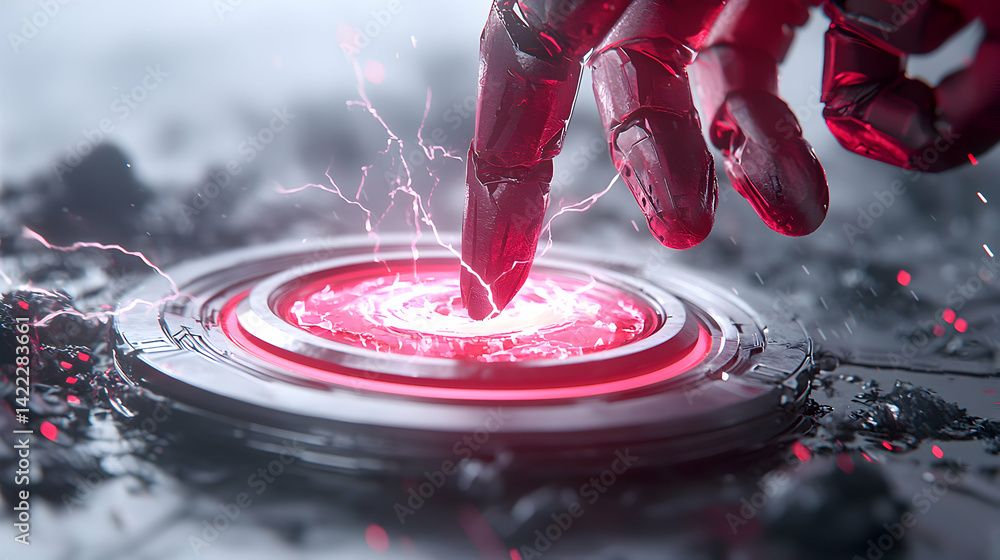 Poster a robotic hand interacts with a glowing energy source. this image evokes futuristic tech a sci-fi sc