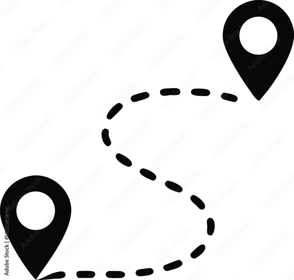 Poster minimal map route icon – curved path with location pins. vector map pointer icon. map pointer silhou