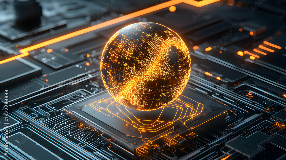 Aufkleber a futuristic digital globe sits atop a circuit board symbolizing data processing network connections