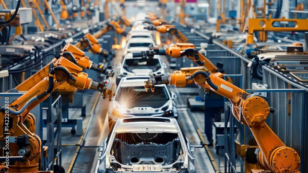 Poster a series of robotic arms precision-manufacturing automotive bodies on an advanced assembly line, sho