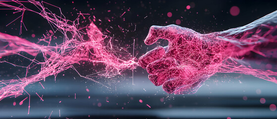Abstract artwork showing hands connecting with energy. Suggesting networking technology communication and digital connection. Visualizing data transfer and collaboration. For websites or marketing.