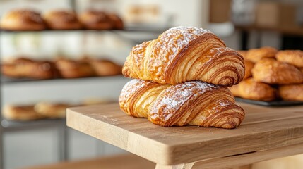 A delicious display of two golden-brown croissants stacked on a wooden platter, showcasing flaky layers and a light dusting of powdered sugar in a bakery setting.
