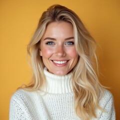 Fototapeta premium Blonde woman with blue eyes smiles. Attractive female wears white sweater. Cheerful person with long wavy hair. Natural beauty at isolated yellow background. Happy model face.
