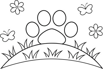 Black Outline Dog Paw Print with Flowers and Butterflies on White Background