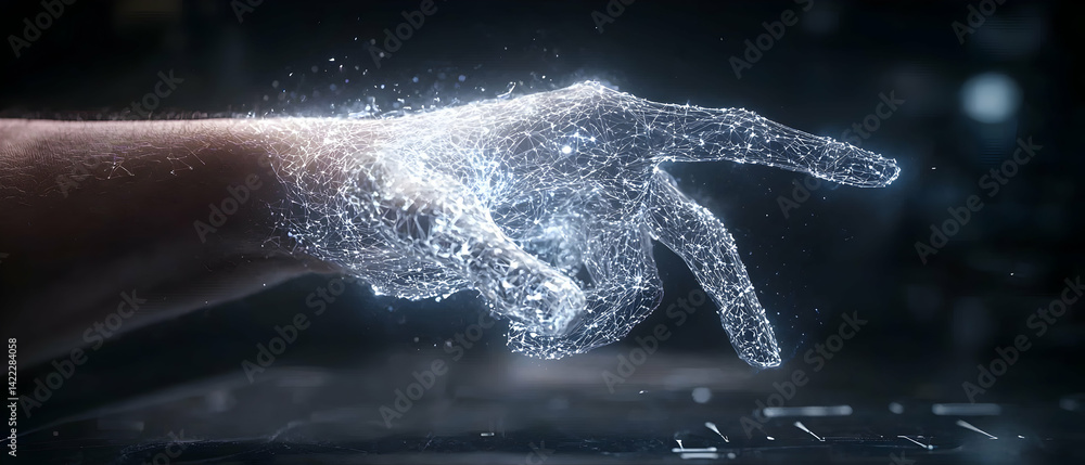 Poster a glowing hand is connected to a digital network perhaps illustrating ai or data interaction. it cou