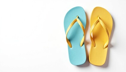 A single, brightly colored flip-flop against a pure white backdrop, simple, footwear, travel
