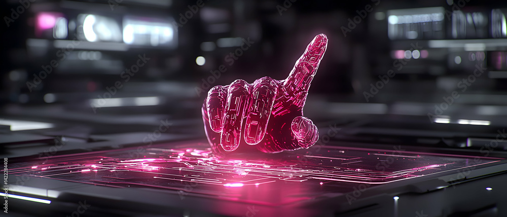 Poster futuristic hand reaching up from a glowing digital interface. suggests technology interaction or vir