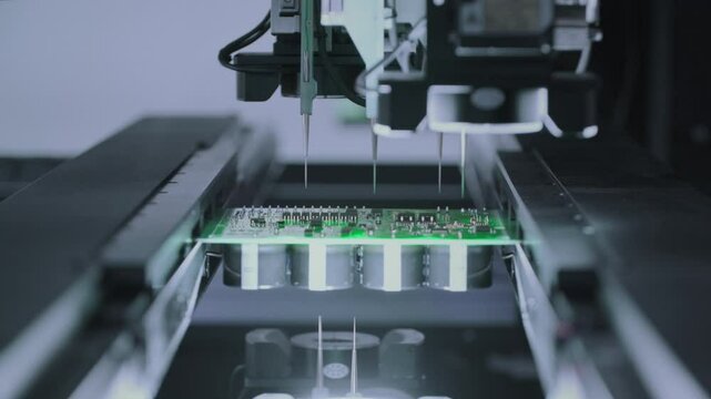 Close-up: installing electronic components. Printed circuit board moves with SMD. Automatic welding, solder machine. Production technology. Diagnose test chips and processors. Manufacture of High-tech