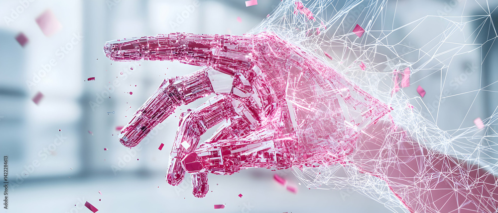 Poster a futuristic hand composed of crystalline structures connected by a network of lines and abstract sh