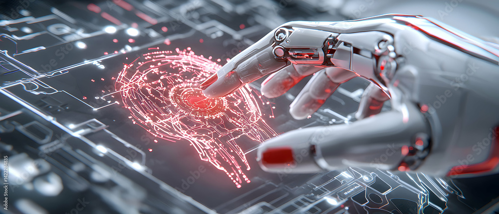 Poster a futuristic robotic hand interacts with a glowing red digital interface. this could be used to desi