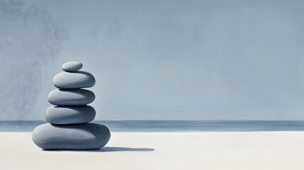 Stone Stack by the Seaside: A minimalist image of a carefully balanced stone stack on a tranquil beach, capturing the essence of serenity and harmony with nature.