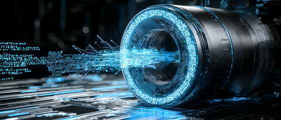 Futuristic data processing visualization. Displays glowing blue light streams and digital code suggesting high-tech data transfer or computational power. Ideal for IT graphics or tech concepts.