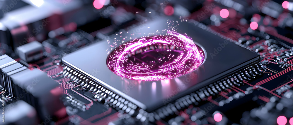Poster a close-up image of a computer chip with glowing pink energy swirling inside. ideal for tech article