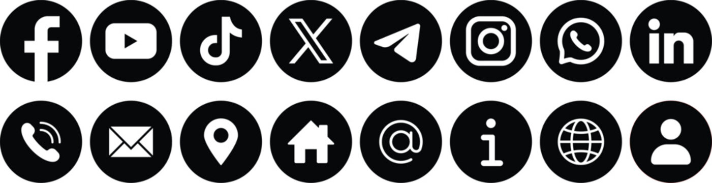 Social Media and Contact Icon Set. Social Media Logo Bundle. Facebook, Youtube, Tiktok, Whatsapp, X, Linkedin, Instagram Logo. Brand Logo.