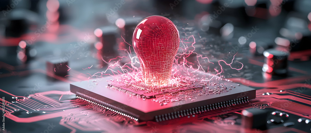 Poster a futuristic image depicting a glowing bulb emanating from a circuit board symbolizing innovative te
