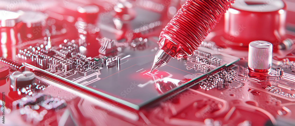 Poster image shows a close-up of a circuit board with a tool touching it. suggests concepts like technology
