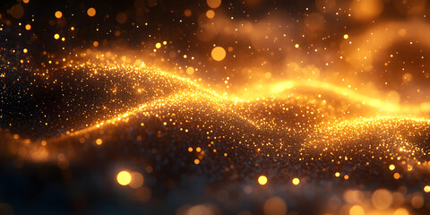 Obraz premium Sunset orange and gold themed abstract background with glowing particles and rich gold foil texture sparkling over a warm amber bokeh surface in a holiday celebration tone