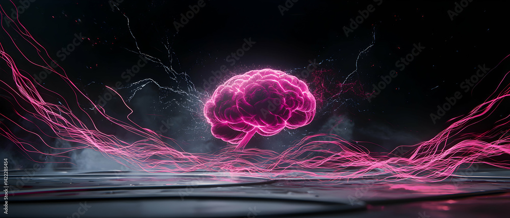Poster a glowing pink brain surrounded by energy lines on a dark background. could represent neural network