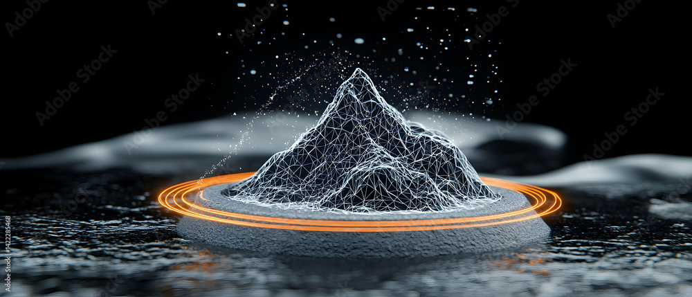 Poster abstract mountain concept with glowing rings suggesting energy or data visualization. could be used 