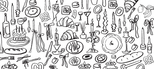 Isolated vector set of hygge cozy homedecor. Decor. Candles, food, restaurant, dishes, baguette, candelabra, France, breakfast, wine, bow, cutlery. Menu and decoration of the party. Hand drawn doodles