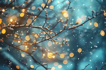Fototapeta premium A close-up shot of fairy lights strung on snow-covered branches against a blurred background, Magical fairy lights twinkling softly