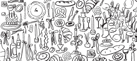 Isolated vector set of hygge cozy homedecor. Decor. Candles, food, restaurant, dishes, baguette, candelabra, France, breakfast, wine, bow, cutlery. Menu and decoration of the party. Hand drawn doodles