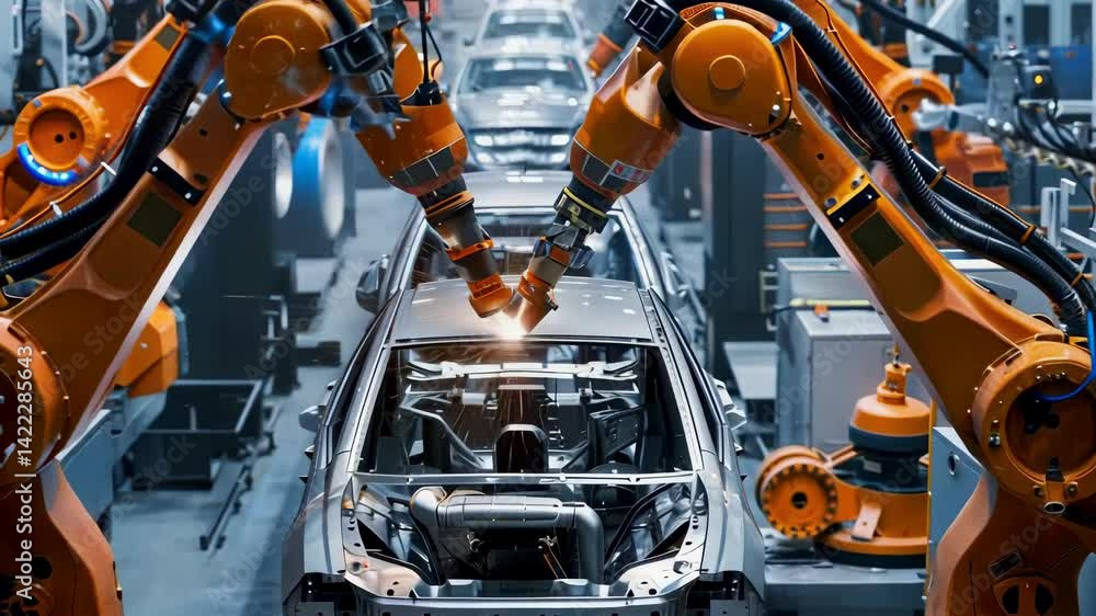 Poster in a modern automotive factory, robotic arms efficiently assemble and weld complex car frames, highl