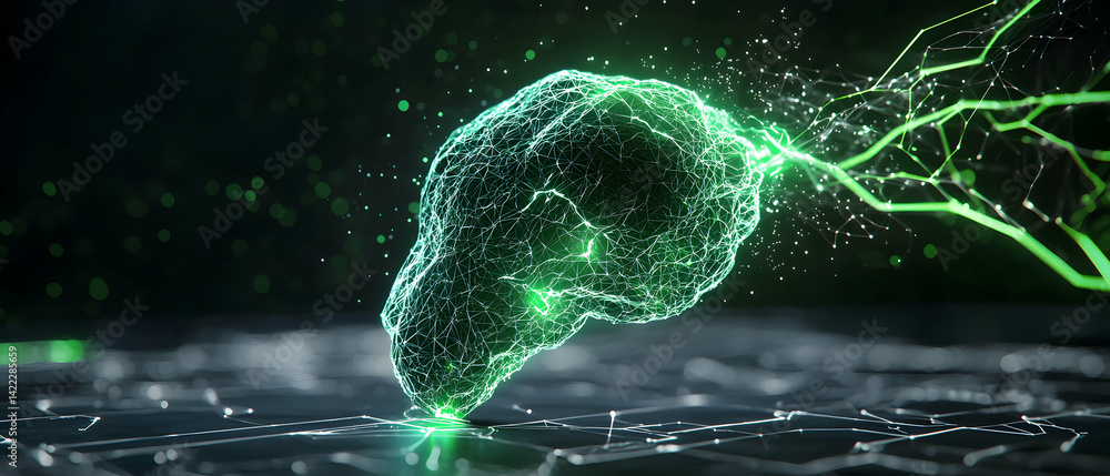 Poster abstract representation of a brain with glowing neon lines. could be used for neuroscience technolog