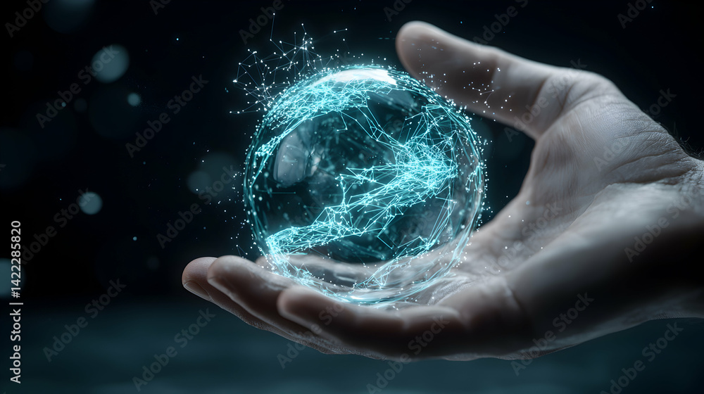 Poster a hand cradles a glowing sphere of interconnected data symbolizing technology innovation progress an