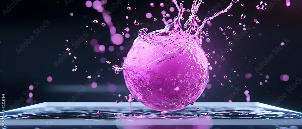 Poster dynamic art depicts a splash of vibrant magenta fluid. ideal for innovative design or as a striking 