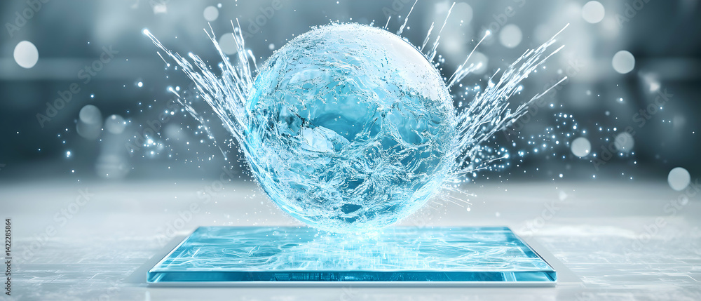 Poster abstract artwork depicts a water globe erupting from a tablet. it suggests data visualization or a t