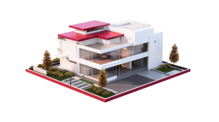 Architectural model of a modern white house with red roof and glass windows isolated on transparent background