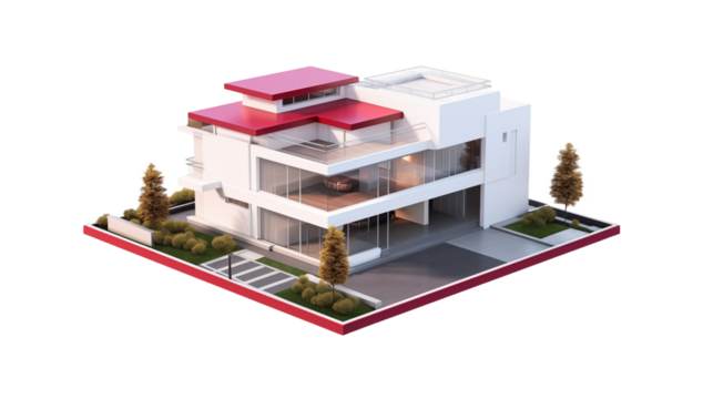 Architectural model of a modern white house with red roof and glass windows isolated on transparent background