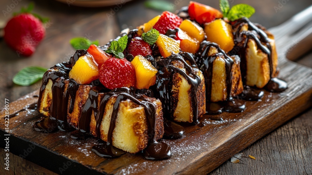 Aufkleber a beautifully arranged serving of honey toast with chocolate sauce and caramelized fruit toppings, s