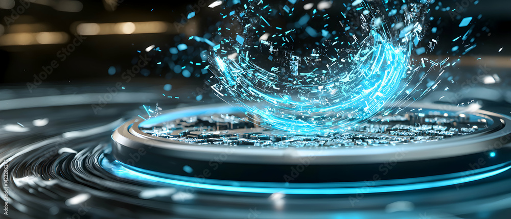 Poster a futuristic digital circuit with glowing blue energy. suggests advanced technology data processing 