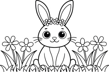 Cute Floral Hare Outline, Daisy Crown, Flower Garden, Cartoon Drawing, Line Art