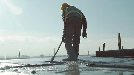 Construction Worker Smoothing Concrete on a Site