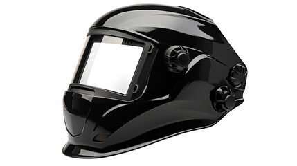 A close up of a black welding helmet with adjustable knobs on a dark background isolated on transparent background