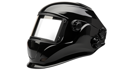A close up of a black welding helmet with adjustable knobs on a dark background isolated on transparent background