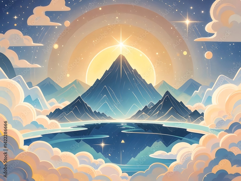 Poster 輝く光と星が彩る山々と湖面の幻想的な風景 デジタルアート作品