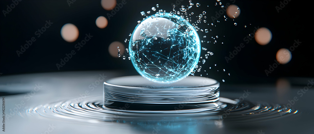 Poster a futuristic glowing orb with intricate glowing lines floats above a platform. suggests innovation o