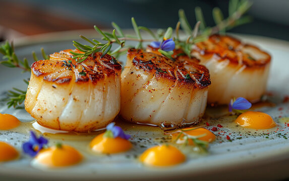 Elegant plating of a seared scallop dish with microgreens and edible flowers, shallow depth of field, perfect for gourmet, fine dining, and luxury food-themed stock visuals.
- Powered by Adobe