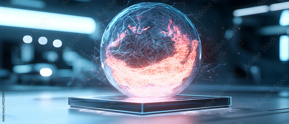 Poster a futuristic orb glows with energy resting on a sleek platform. suggests advanced technology. use fo