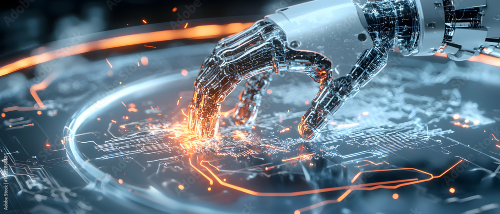 Poster a robotic hand interacts with a circuit board creating sparks and glowing light. great for tech blog
