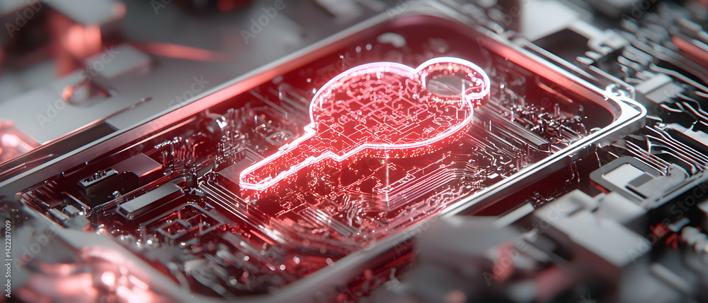 Poster a digital key shines on a circuit board. it suggests secure data access and protection in a technolo