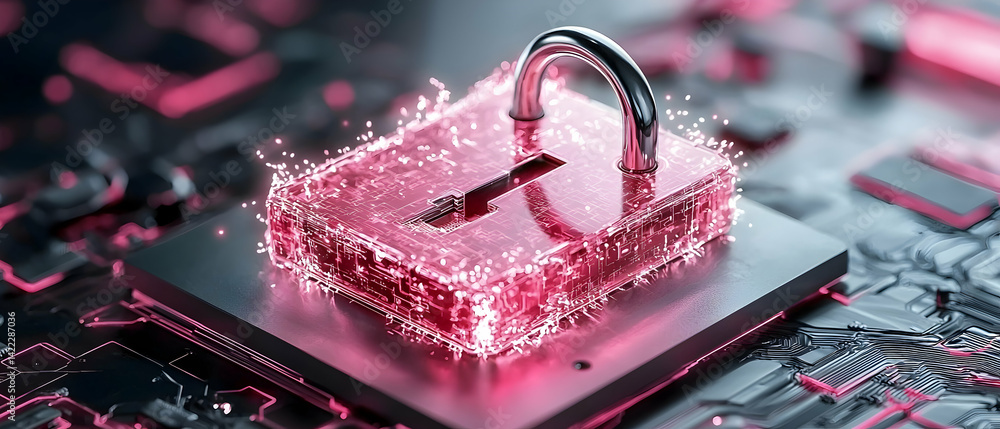 Poster cybersecurity concept with a digital padlock over a circuit board. suggests protecting online data a