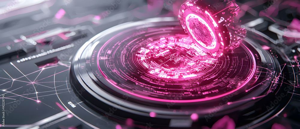 Poster futuristic digital art featuring a glowing pink tech component. ideal for technology articles abstra