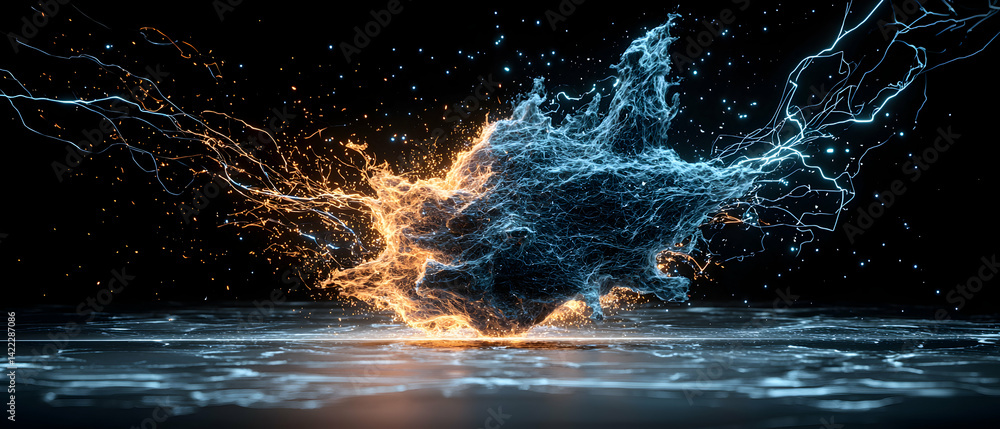Poster abstract art showing energy explosion with blue and orange light. perfect for sci-fi themed projects