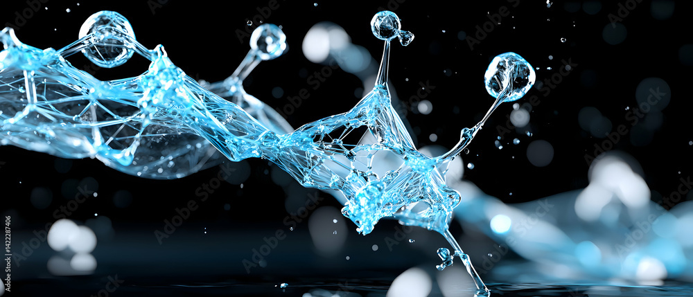Poster a vibrant abstract image of water droplets and splashes. perfect for scientific concepts and artisti