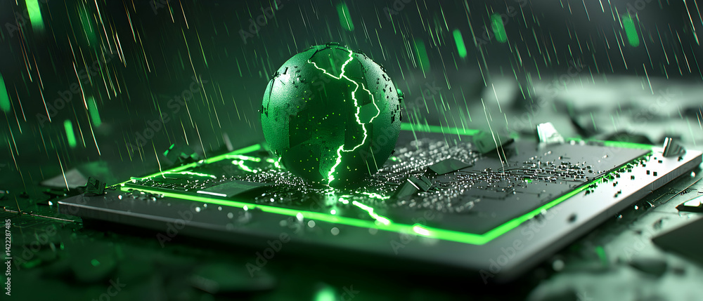 Poster a futuristic image of a sphere emitting green energy resting on a circuit board with rain. suggests 